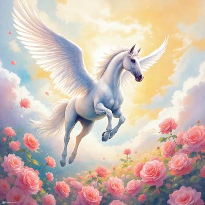 Primary subject: A white horse with wings flying through a field of pink flowers.

Setting/background: The horse is flying through a field of pink flowers, with a cloudy sky in the background.

Visual style: The image is a digital art or illustration, featuring a white horse with wings and a field of pink flowers.

Colors and mood: The dominant colors are pink and white, creating a serene and whimsical atmosphere.